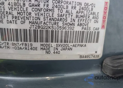 2001 Toyota Camry Le from USA, damaged, VIN JT2BG22K510596392